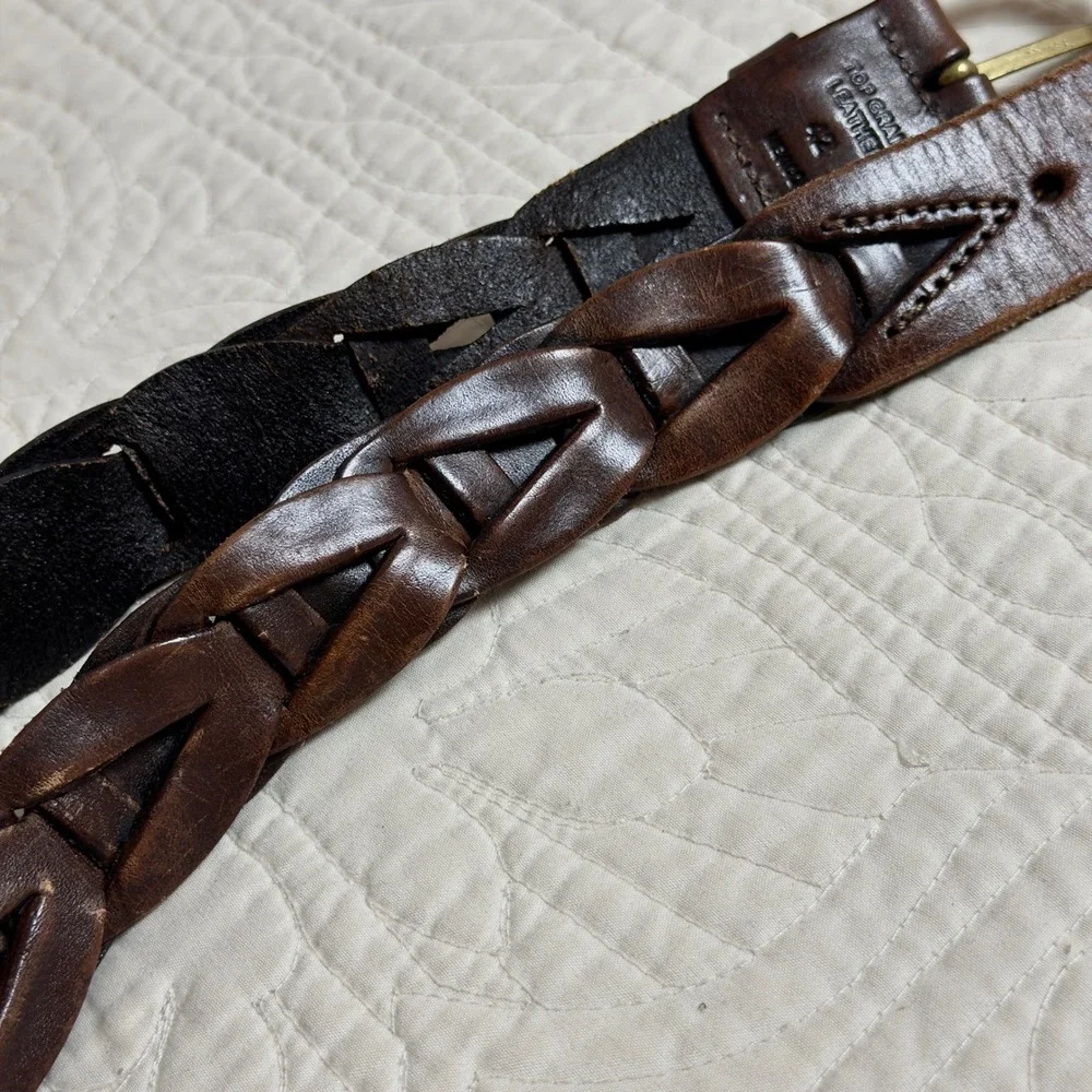 90s Western Braided Leather Belt Brass Buckle Dark Brown Boho Rustic Size 42